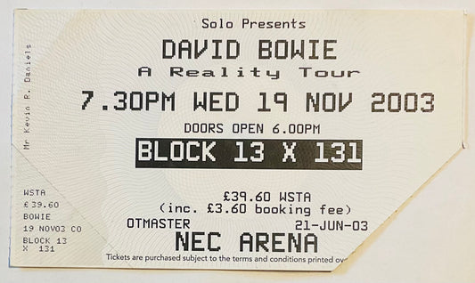David Bowie Original Used Concert Ticket NEC Arena Birmingham 19th Nov 2003