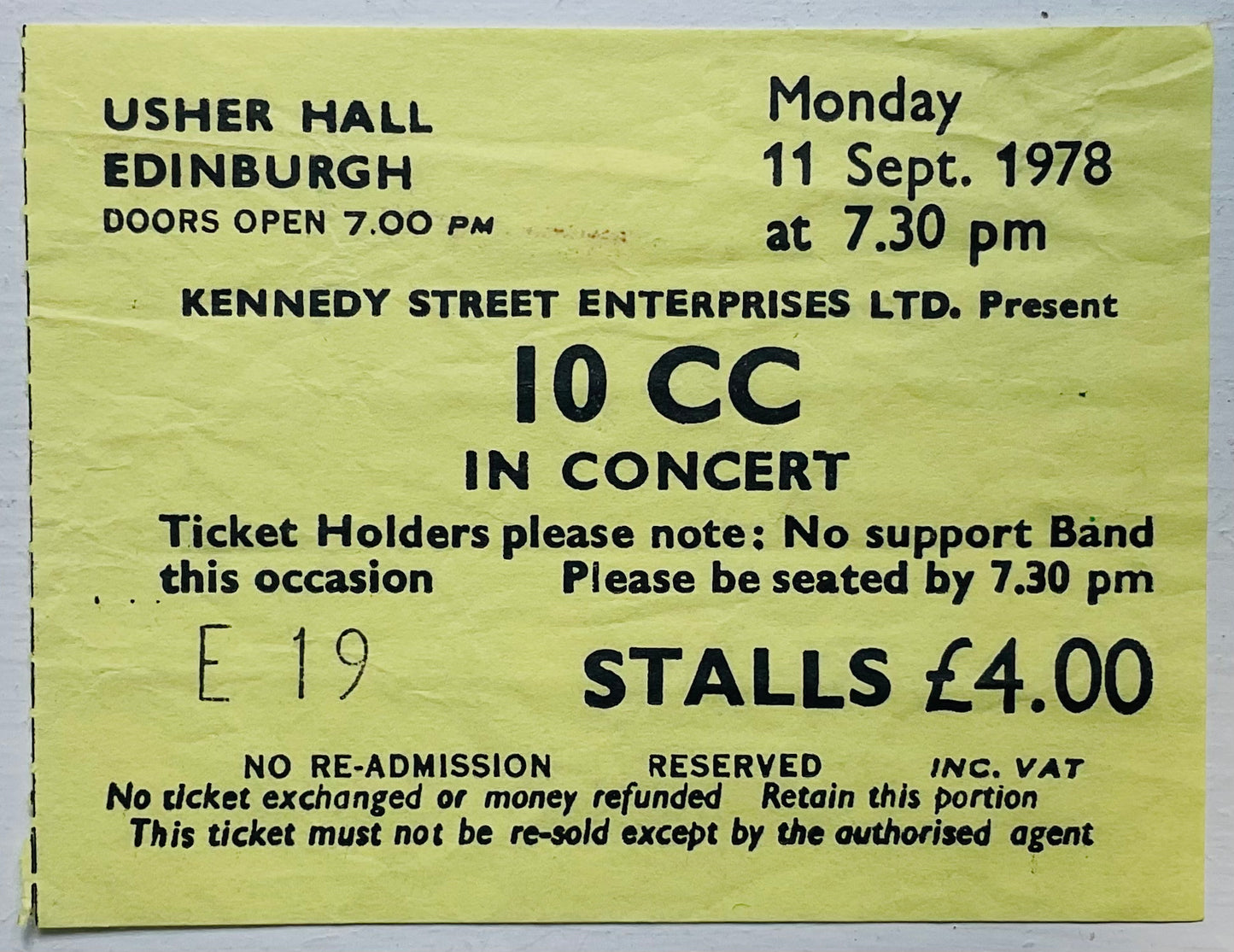 10cc Original Used Concert Ticket Usher Hall Edinburgh 11th Sep 1978