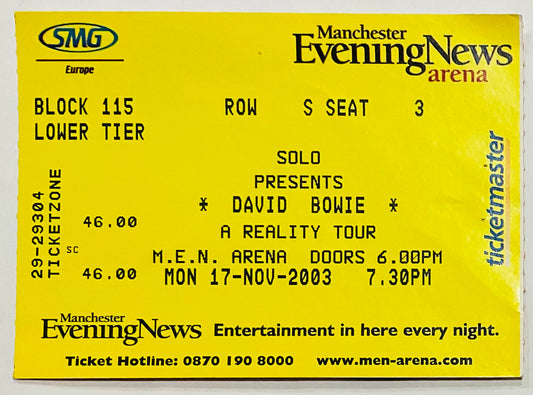 David Bowie Original Used Concert Ticket MEN Arena Manchester 17th Nov 2003