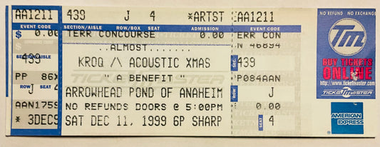Oasis Foo Fighters Original Unused Concert Ticket Arrowhead Pond of Anaheim 11th Dec 1999