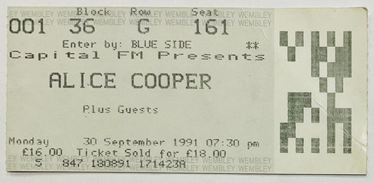 Alice Cooper Original Used Concert Ticket Wembley Arena London 30th Sep 1991