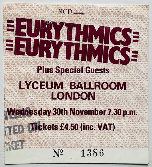 Eurythmics Original Used Concert Ticket Lyceum Ballroom London 30th Nov 1983