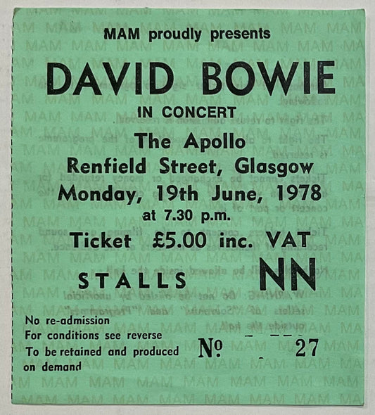 David Bowie Original Used Concert Ticket Apollo Theatre Glasgow 19th Jun 1978