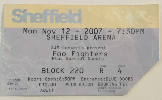 Foo Fighters Original Used Concert Ticket Sheffield Arena 12th Nov 2007