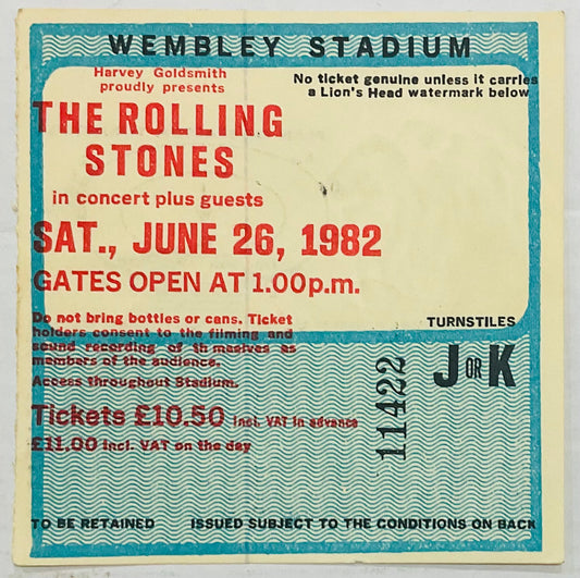 Rolling Stones Original Used Concert Ticket Wembley Stadium London 26th Jun 1982
