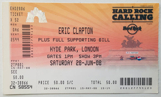 Eric Clapton Original Unused Concert Ticket Hyde Park London 28th Jun 2008