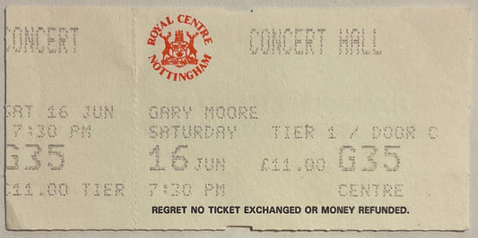 Gary Moore Original Unused Concert Ticket Royal Court Theatre Nottingham 16th Jun 1990