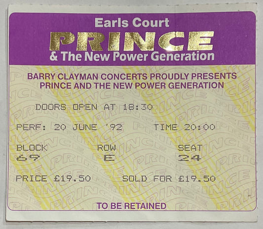 Prince Original Used Concert Ticket Earls Court London 20th Jun 1992