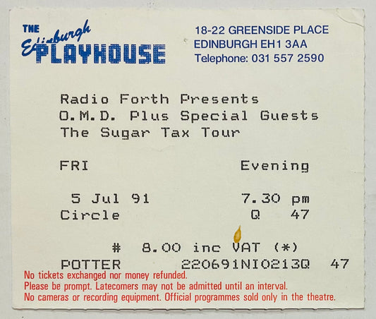 Orchestral Manoeuvres in the Dark OMD Original Used Concert Ticket Edinburgh Playhouse 5th Jul 1991