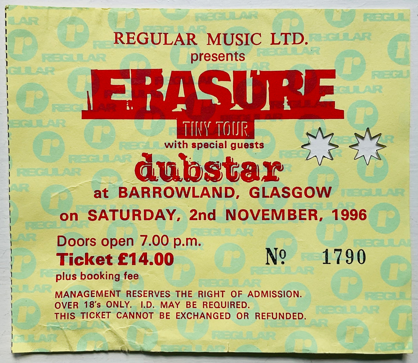 Erasure Original Used Concert Ticket Barrowlands Glasgow 2nd Nov 1996