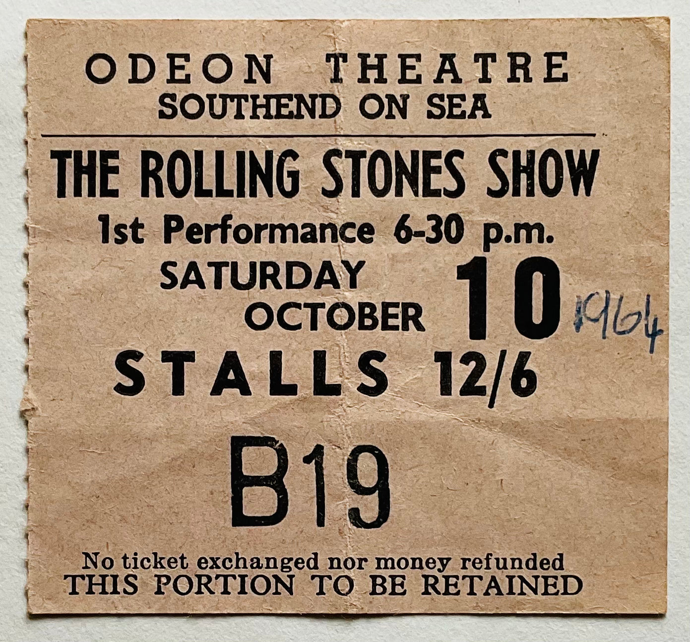 Rolling Stones Original Used Concert Ticket Odeon Theatre Southend on Sea 1964