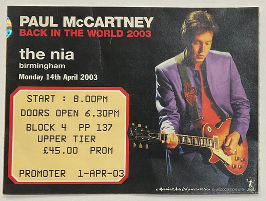 Beatles Paul McCartney Original Used Concert Ticket NIA Birmingham 14th Apr 2003