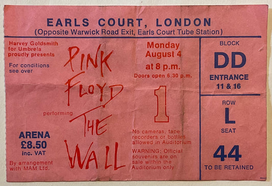 Pink Floyd Original Used Concert Ticket Earls Court London 4th Aug 1980
