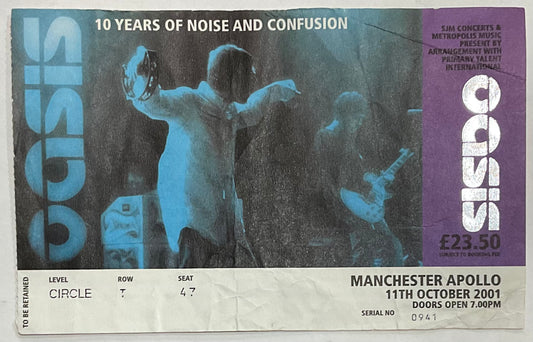 Oasis Original Used Concert Ticket Manchester Apollo 11th Oct 2001