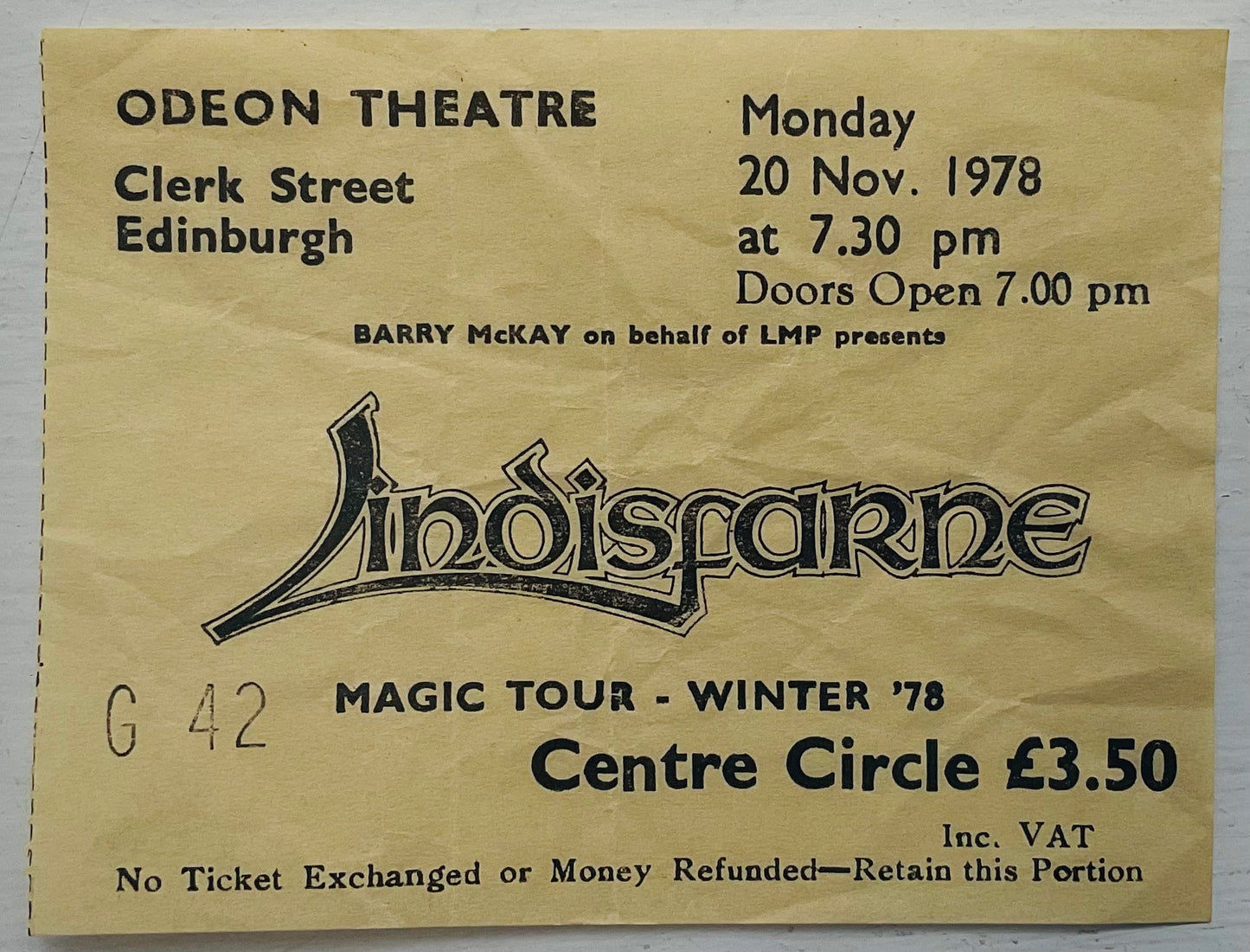 Lindisfarne Original Used Concert Ticket Odeon Theatre Edinburgh 20th Nov 1978