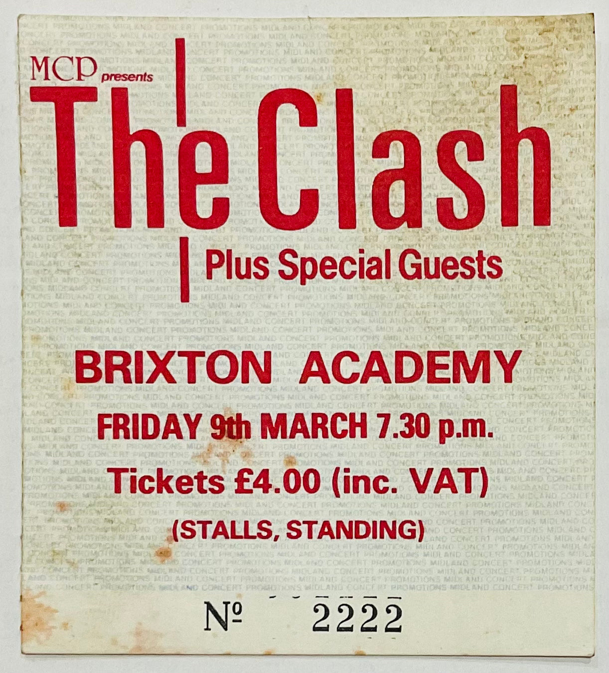 Clash Original Used Concert Ticket Brixton Academy London 9th March 1984