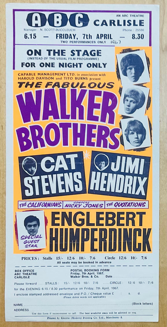 Jimi Hendrix Walker Brothers Original Concert Handbill Flyer ABC Theatre Carlisle 7th Apr 1967