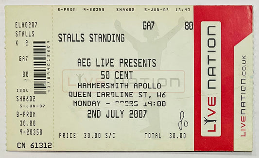 50 Cent Original Unused Concert Ticket Hammersmith Apollo London 2nd Jul 2007