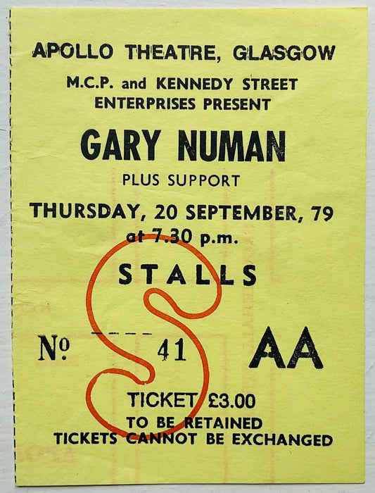 Gary Numan David Essex Original Used Concert Ticket Apollo Theatre Glasgow 20th Sep 1979