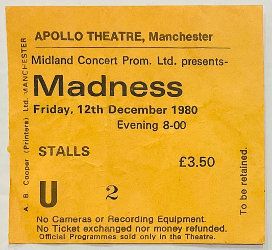 Madness Original Used Concert Ticket Apollo Theatre Manchester 12th Dec 1980