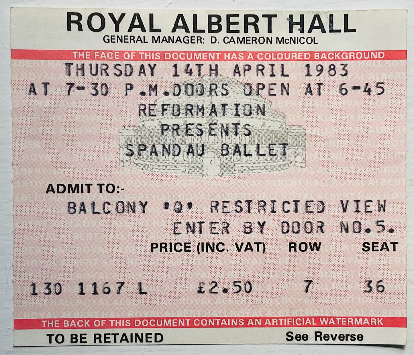 Spandau Ballet Original Used Concert Ticket Royal Albert Hall London 14th Apr 1983