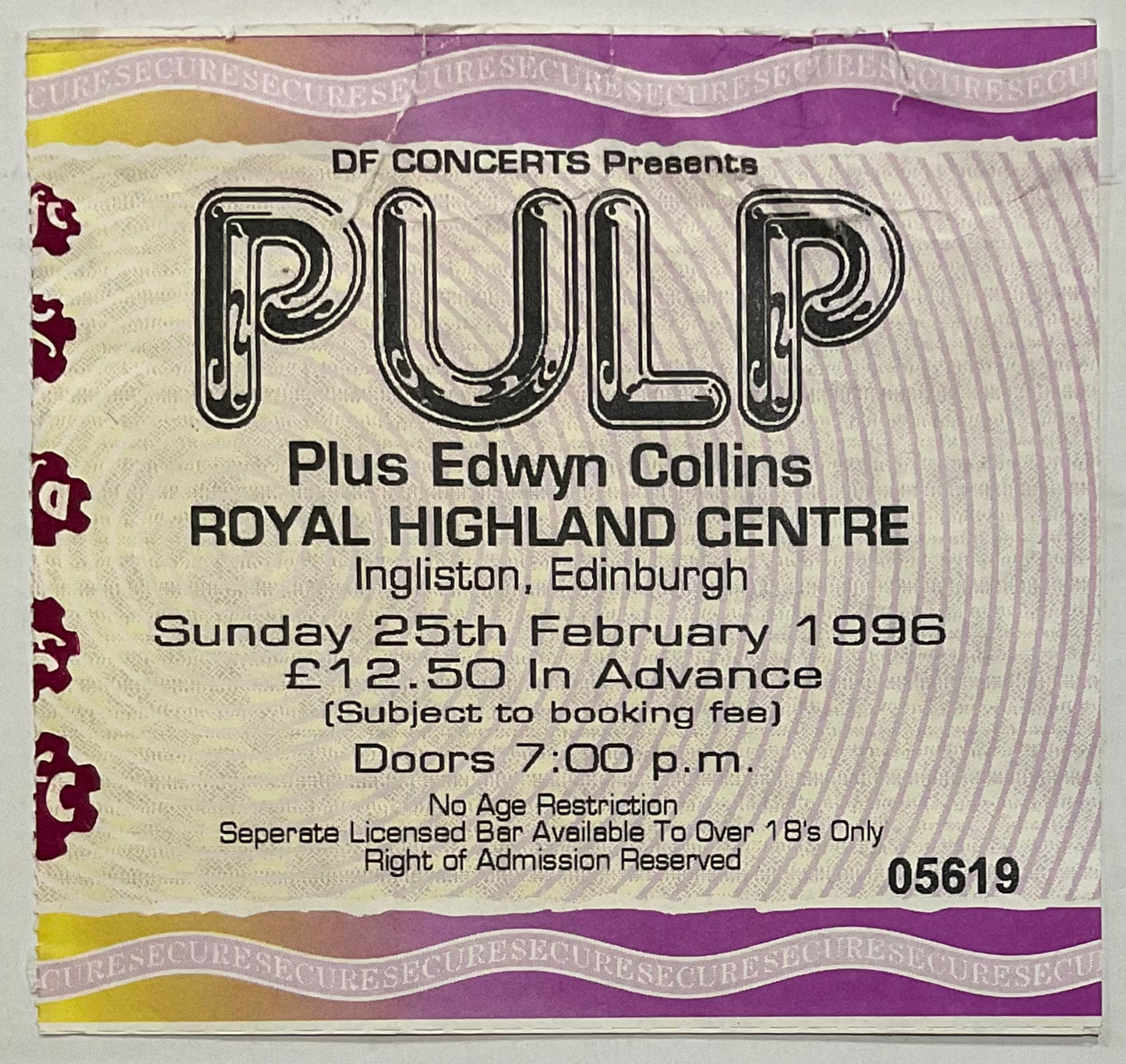 Pulp Original Used Concert Ticket Royal Highland Centre Edinburgh 25th Feb 1996