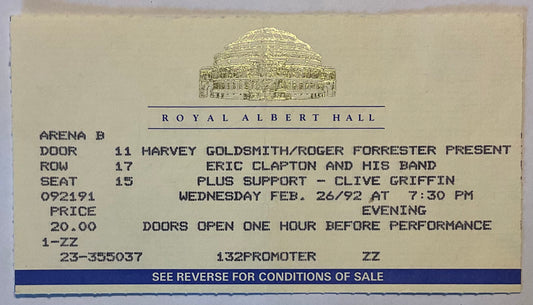 Eric Clapton Original Used Concert Ticket Royal Albert Hall London 26th Feb 1992
