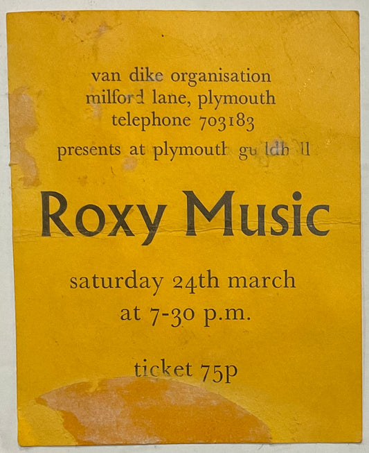 Roxy Music Original Used Concert Ticket Guildhall Plymouth 24th Mar 1973