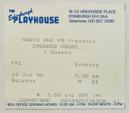 Crowded House Original Used Concert Ticket Edinburgh Playhouse 19th Jun 1992