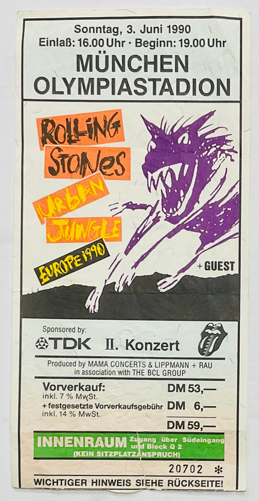 Rolling Stones Original Used Concert Ticket Olympiastadion Munich 3rd Jun 1990