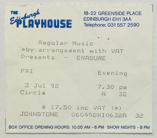 Erasure Original Used Concert Ticket Edinburgh Playhouse 3rd Jul 1992
