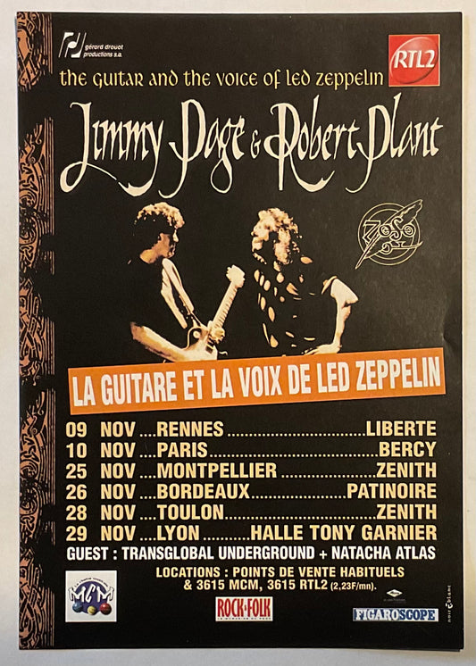 Led Zeppelin Robert Plant Jimmy Page Original Concert Handbill Flyer French Tour Nov 1998