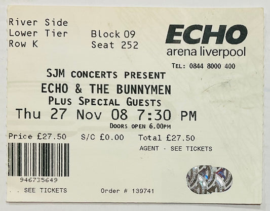 Echo & the Bunnymen Original Used Concert Ticket Echo Arena Liverpool 27th Nov 2008