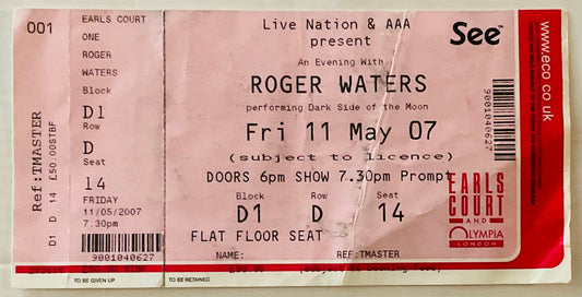 Pink Floyd Roger Waters Original Unused Concert Ticket Earls Court London 11th May 2007