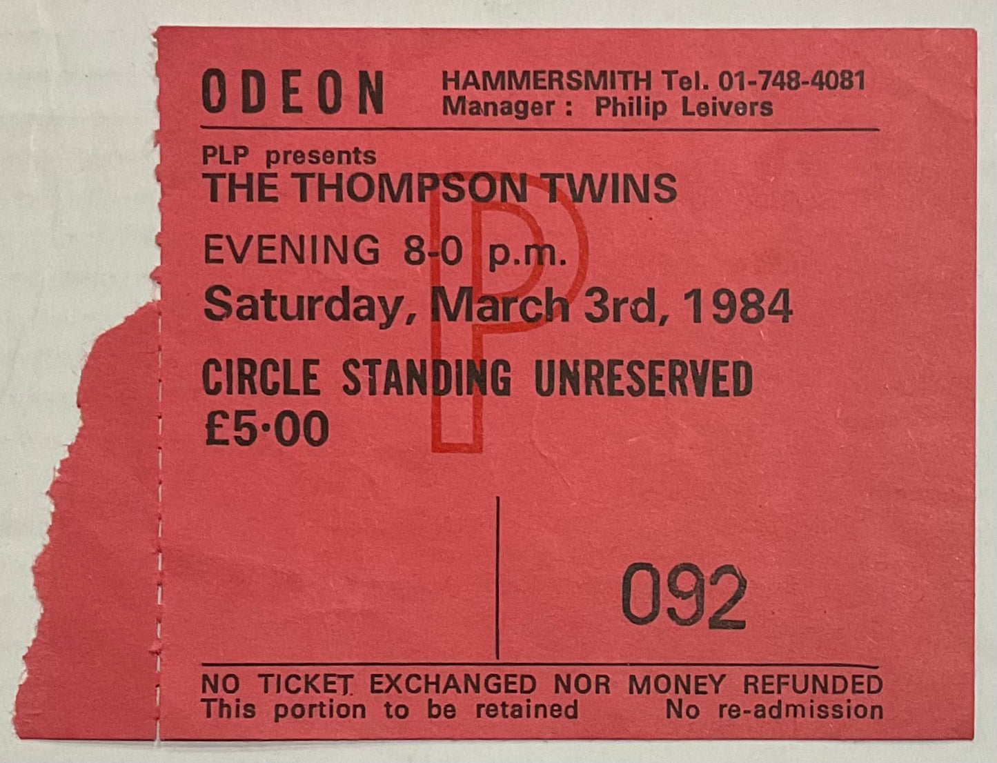 Thompson Twins Original Used Concert Ticket Hammersmith Odeon London 3rd Mar 1984