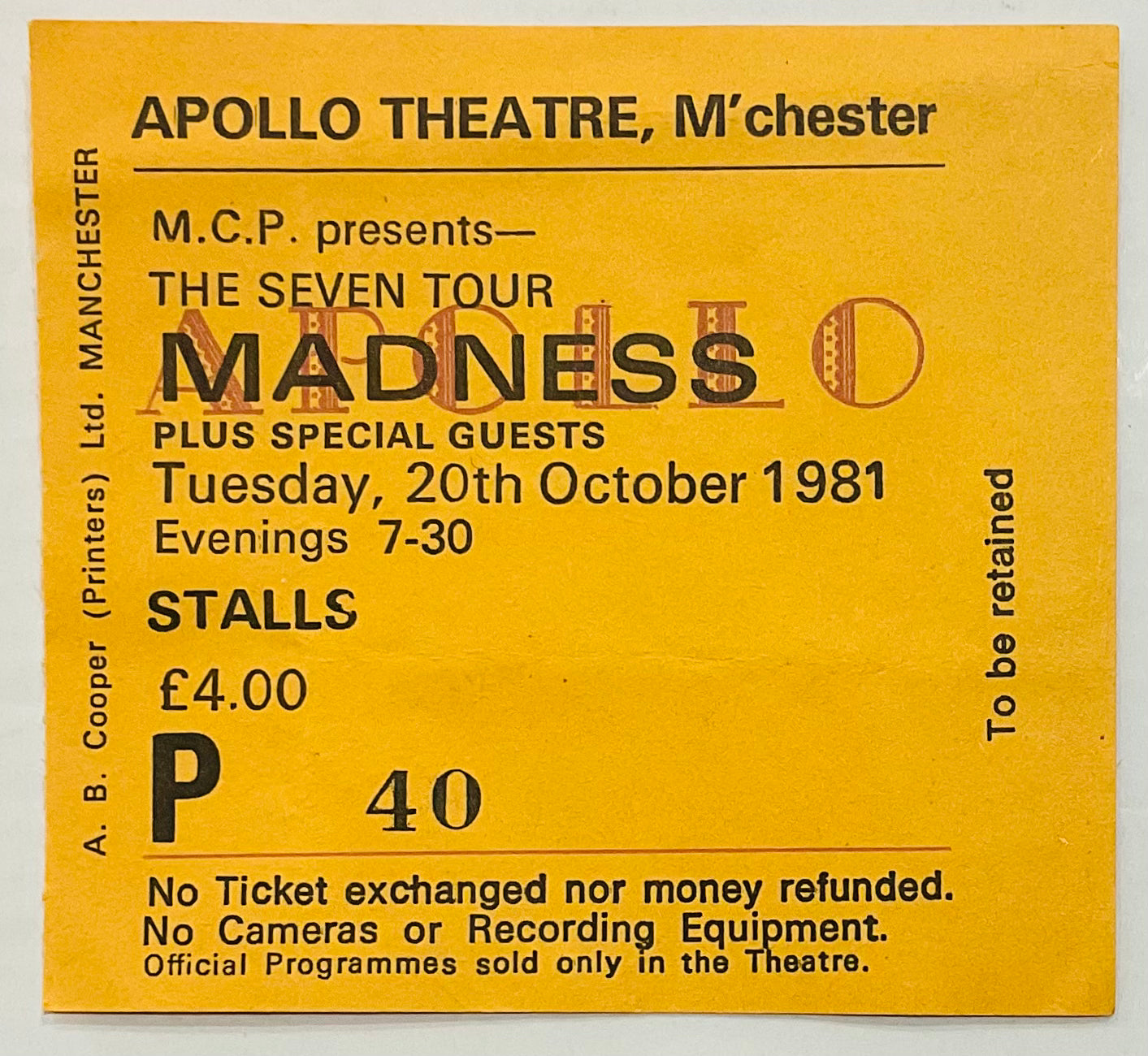 Madness Original Used Concert Ticket Apollo Theatre Manchester 20th Oct 1981