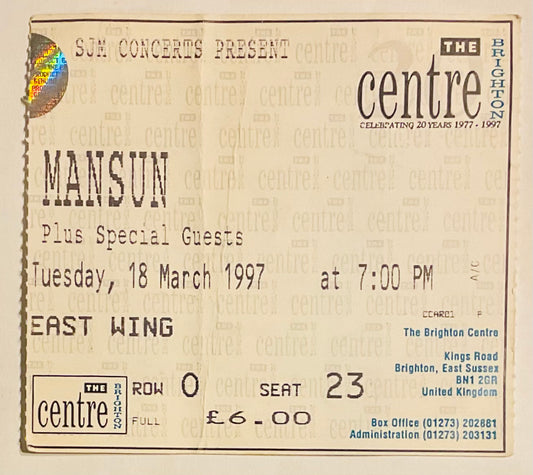 Mansun Original Used Concert Ticket The Brighton Centre 18th Mar 1997