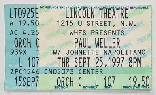 Paul Weller Original Used Concert Ticket Lincoln Theatre Washington 25th Sep 1997