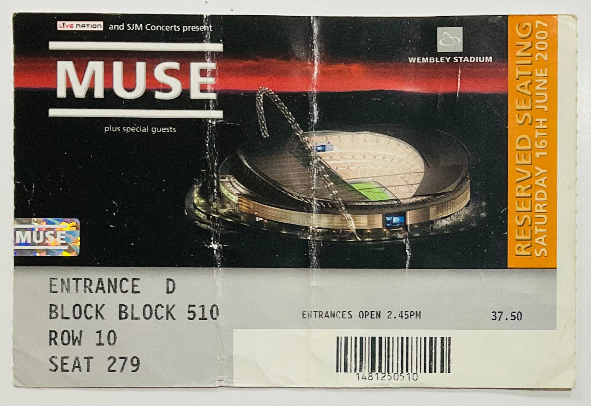 Muse Original Used Concert Ticket Wembley Stadium, London 16th