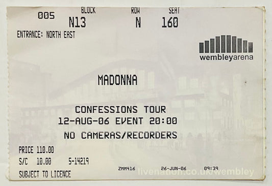 Madonna Original Used Concert Ticket Wembley Arena London 12th Aug 2006