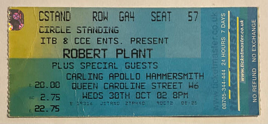 Led Zeppelin Robert Plant Original Used Concert Ticket Apollo Theatre Manchester 20th Oct 2002