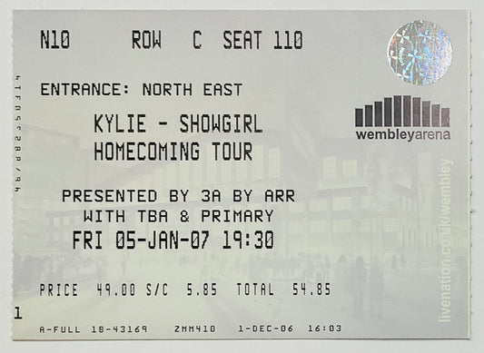 Kylie Minogue Original Used Concert Ticket Wembley Arena London 5th Jan 2007