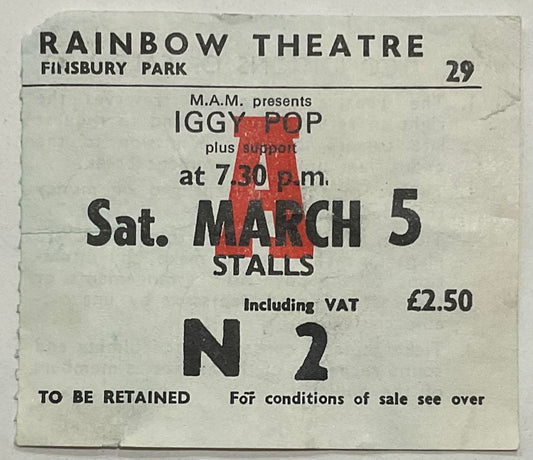 David Bowie Iggy Pop Original Used Concert Ticket Rainbow Theatre London 5th Mar 1977