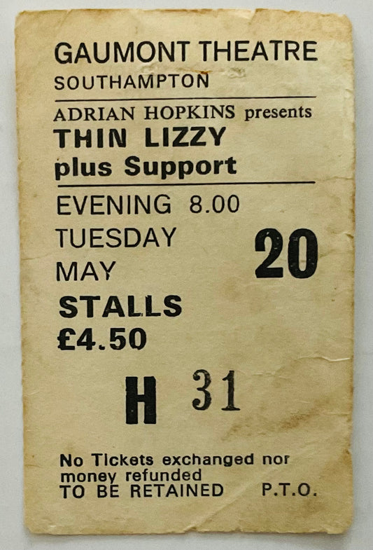 Thin Lizzy Original Used Concert Ticket Gaumont Theatre Southampton 20th May 1980