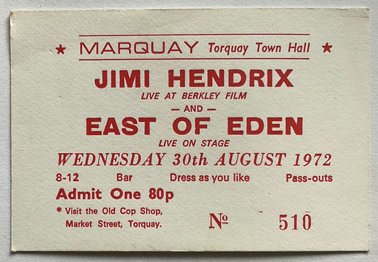 Jimi Hendrix East of Eden Original Concert Ticket Marquay Club Torquay Town Hall 1972