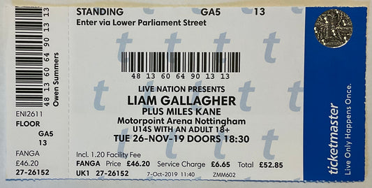 Oasis Liam Gallagher Original Unused Concet Ticket Motorpoint Arena Nottingham 26th Nov 2019