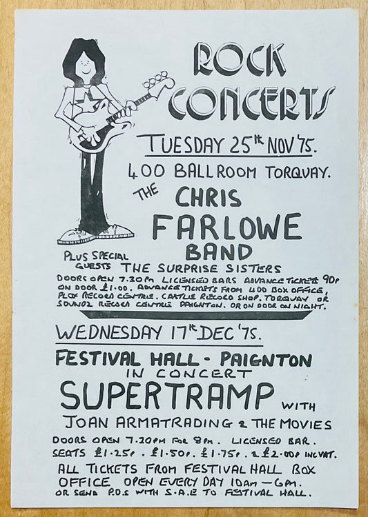 Supertramp Chris Farlowe Original Concert Handbill Flyer Torquay 17th Dec 1975