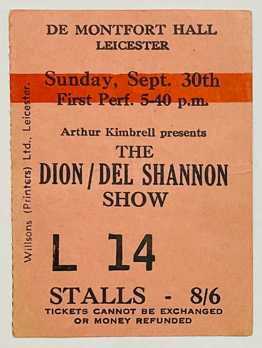 Dion Del Shannon Show Original Used Concert Ticket De Montfort Hall Leicester 30th Sep 1962