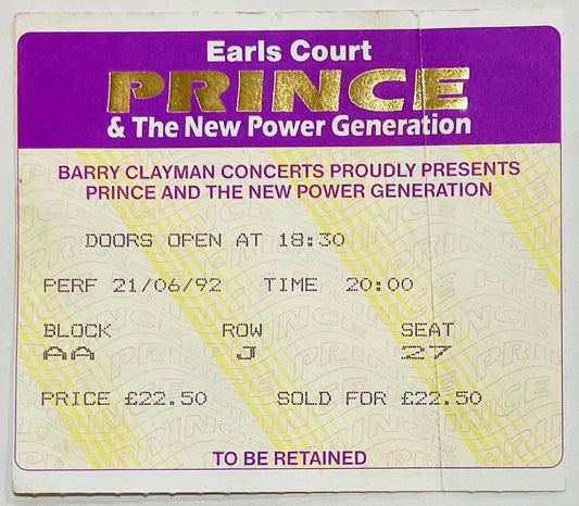 Prince Original Used Concert Ticket Earls Court London 21st June 1992
