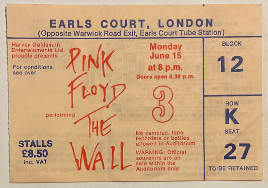 Pink Floyd Original Used Concert Ticket Earls Court London 15th Jun 1981